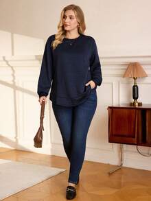 Rosumi Women Plus Size Plain Texture Arc Hem Casual Sweatshirt, Autumn/Winter Fall - Navy Blue - View 3