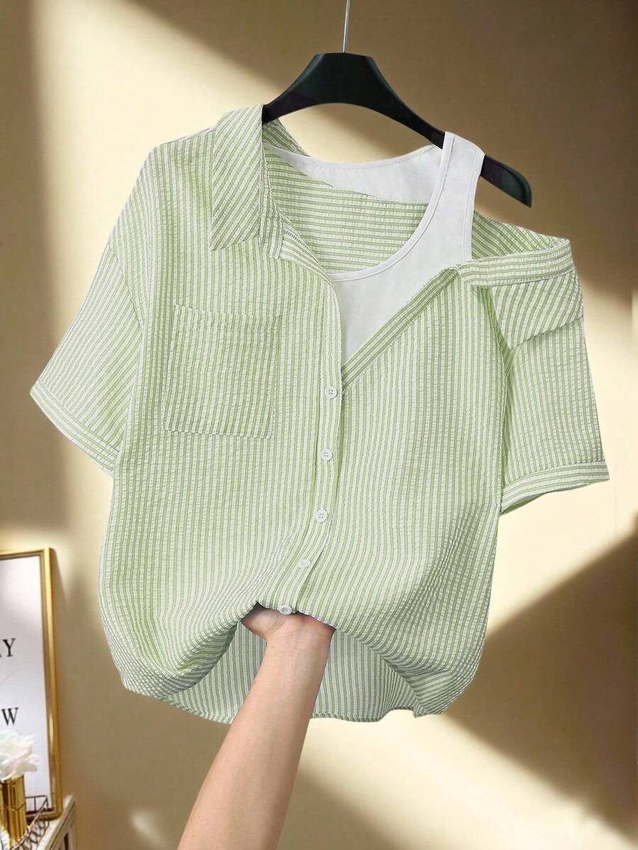 Franclia Women's Casual Striped Raglan Short Sleeve Textured Blue & White Shirt, Summer Sage Green - Green - View 1