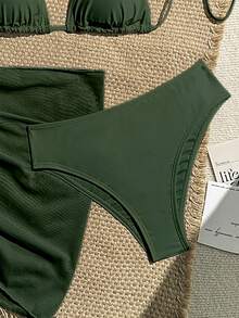 Nevyona Bộ đồ bơi bikini gợi cảm buộc dây màu trơn đi biển mùa hè dành cho nữ kèm áo choàng và chân váy, bộ 3 món - Màu xanh lá cây đậm - Xem 4