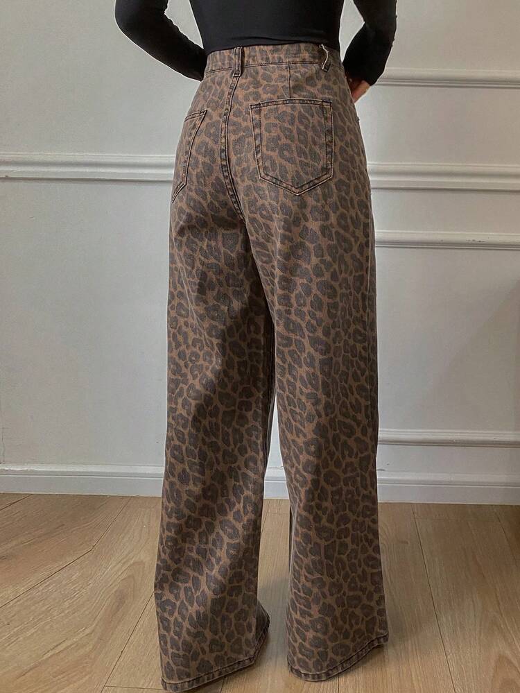 Plus Size Women Loose Fit Leopard Print Wide Leg Jeans Pants