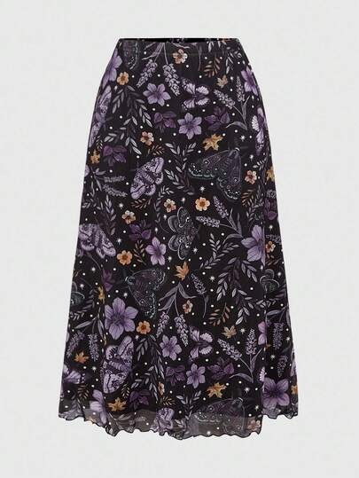 Fairycore Plus Size Women Retro Fairy Style Butterfly & Moth Print Versatile A-Line Skirt