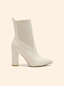 CUCCOO BASICS 女士尖头粗跟米色时尚优雅通勤简约日常百搭针织中筒踝靴 - 米色 - 查看 2