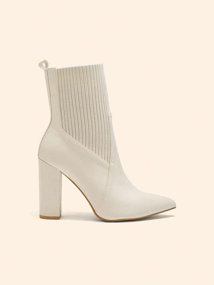 CUCCOO BASICS Women's Pointed Toe Chunky Heel Beige Fashion Elegant Commute Simple Daily All-Match Versatile Knit Mid-Calf Ankle Boots For Christmas Spring Shoes