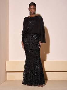 Zivah 2025 Autumn/Winter New Music Festival, Easter, St. Patrick's Day, Western, Nomadic, Birthday Party, Graduation, College Style, Student, Daily Wear, Basic Versatile, Casual, Vacation, Cruise Travel, Beach, Sunbathing, Viral , Streetwear, Wedding Guest Boho, Commute, Brunch, Airport, Party, Holiday Outing, Elegant Gala Round Neck Mesh Sleeve Slip Dress, Long Dress, Black Sequin Dress - Black - View 3