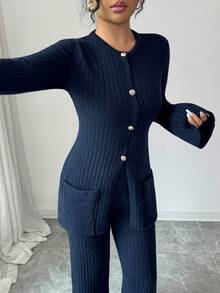 Elenzga 女士罗纹针织套装 - 金属纽扣圆领开衫 + 修身喇叭裤，优雅通勤两件套 - 藏蓝色 - 查看 6