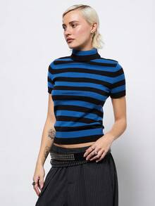 COUREZ Áo dệt kim cổ cao tay ngắn kẻ sọc, áo kẻ sọc đen xanh phong cách Y2K mùa thu đông, áo gợi cảm dự tiệc năm mới. - Nhiều màu - Xem 5