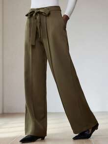 Aveloria Modichic Pantalones anchos de cintura versátiles con diseño retro y elegante para el transporte diario - Verde militar - View 1