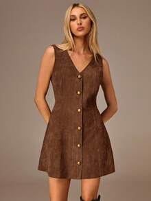 SHEIN Forever 21 Women's Solid Color V-Neck Single-Breasted Casual Sleeveless Mini Dress - Rust Brown - View 6