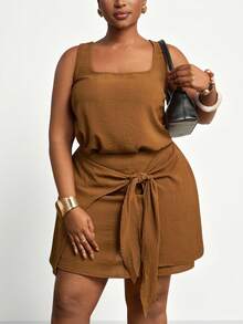 Veslaya Bộ 2 món áo vest và chân váy chữ A màu trơn/tối giản/thanh lịch mới 2025, dành cho nữ cỡ lớn - Cà phê nâu - Xem 3