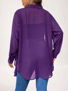 SHEIN LUNE Plus Size Women's Plain Long Sleeve Single Breasted Casual Loose Shirt Business Casual Woman - Purple - View 2