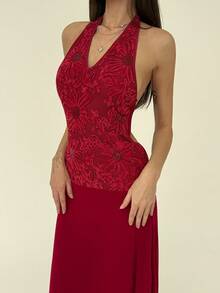 Aloruh Apricot Romantic Date Party Halter Deep V Backless Extra Long Mesh Patchwork Women Dress Red - Apricot - View 5