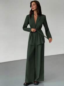 Aloruh Conjunto de chaqueta y pantalones de traje de color verde oliva de moda para ir al trabajo - Verde Oscuro - Ver 4