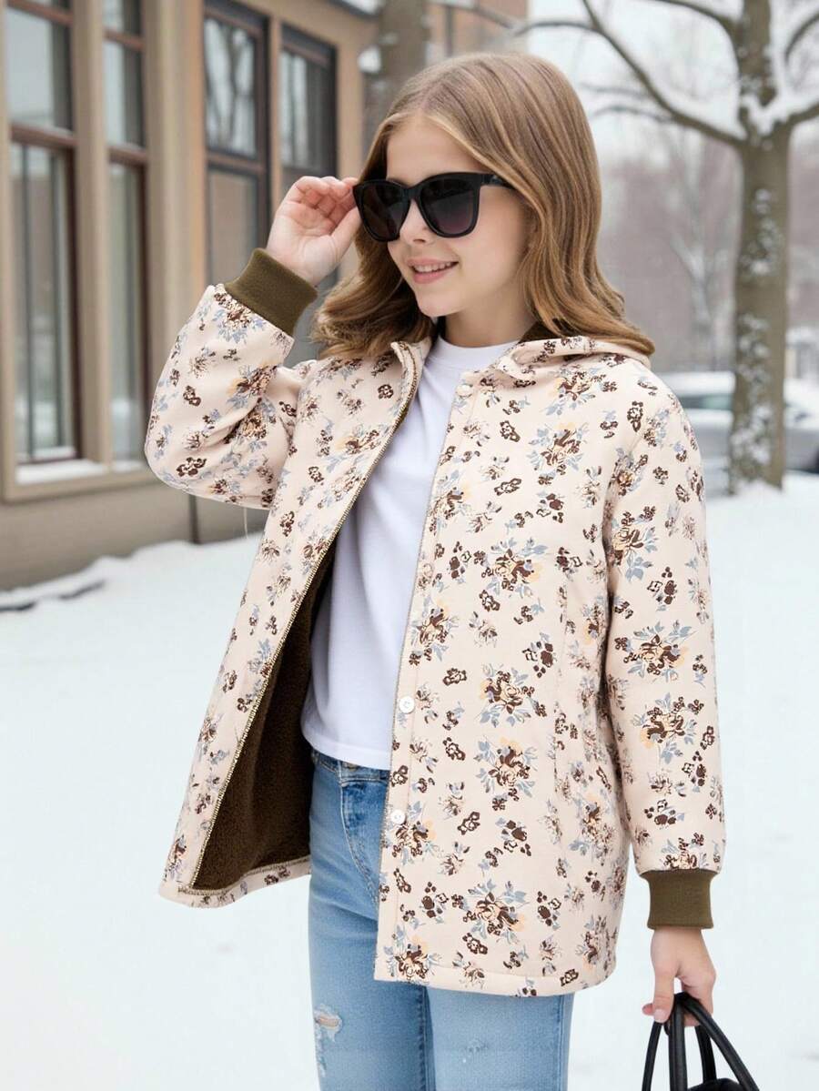 SHEIN Vintaside Kids 女童连帽加厚蓬松复古碎花中长款夹克，秋冬 - 咖啡棕 - 查看 1
