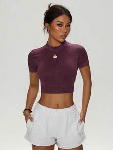 Slayform 女式条纹领短袖短款露背修身运动T恤 - Bold Plum - 查看 4