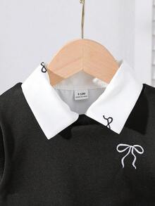 Genkimix Kids 2 件套幼儿女童时尚蝴蝶结刺绣背心 + 蝴蝶结印花长袖衬衫裙，适合日常、休闲、学校、春秋季 - 黑與白 - 查看 4