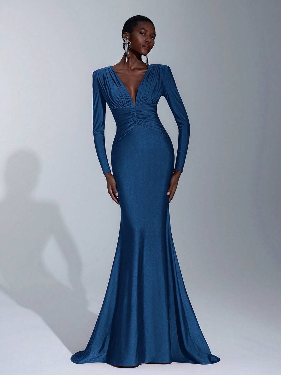 Elitara Elegant, Romantic, Sexy, Minimalist, Plum Red, Stretchy, Deep V-Neck, Long Sleeve, Fishtail Hem, Fashionable, Influencer Style, Suitable For Holidays, Vacation, Birthday Party, Wedding Events, Bridesmaid Dress - Navy Blue - View 1