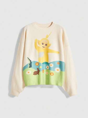 Teletubbies X ROMWE Women's Y2K Cute Cartoon Pattern Crew Neck Sweater