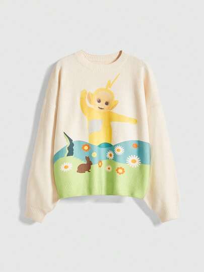 Teletubbies X ROMWE Suéter de cuello redondo con lindo estampado de dibujos animados para mujer, estilo Y2K