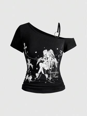 T-shirt élastique asymétrique à manches courtes pour femmes, style sombre et anime