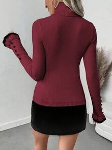 SHEIN LUNE Women's Turtleneck Ruffle Button Design Long Sleeve Knit Pullover Sweater With Bow, Tight Fit Thermal Lining - Red - View 2