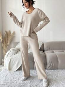 EURMUSE Women V-Neck Drop Shoulder Long Sleeve Top And Pants 2 Pieces Set, Casual - Mocha Brown - View 5