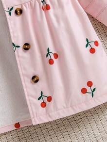 Girls Cute Cherry Print Double-Breasted Hooded, Fashionable Casual Fleece Jacket For Autumn/Winter, Outdoor Young Girls Elegant Peter Pan Coat Clothes - Pink - View 4