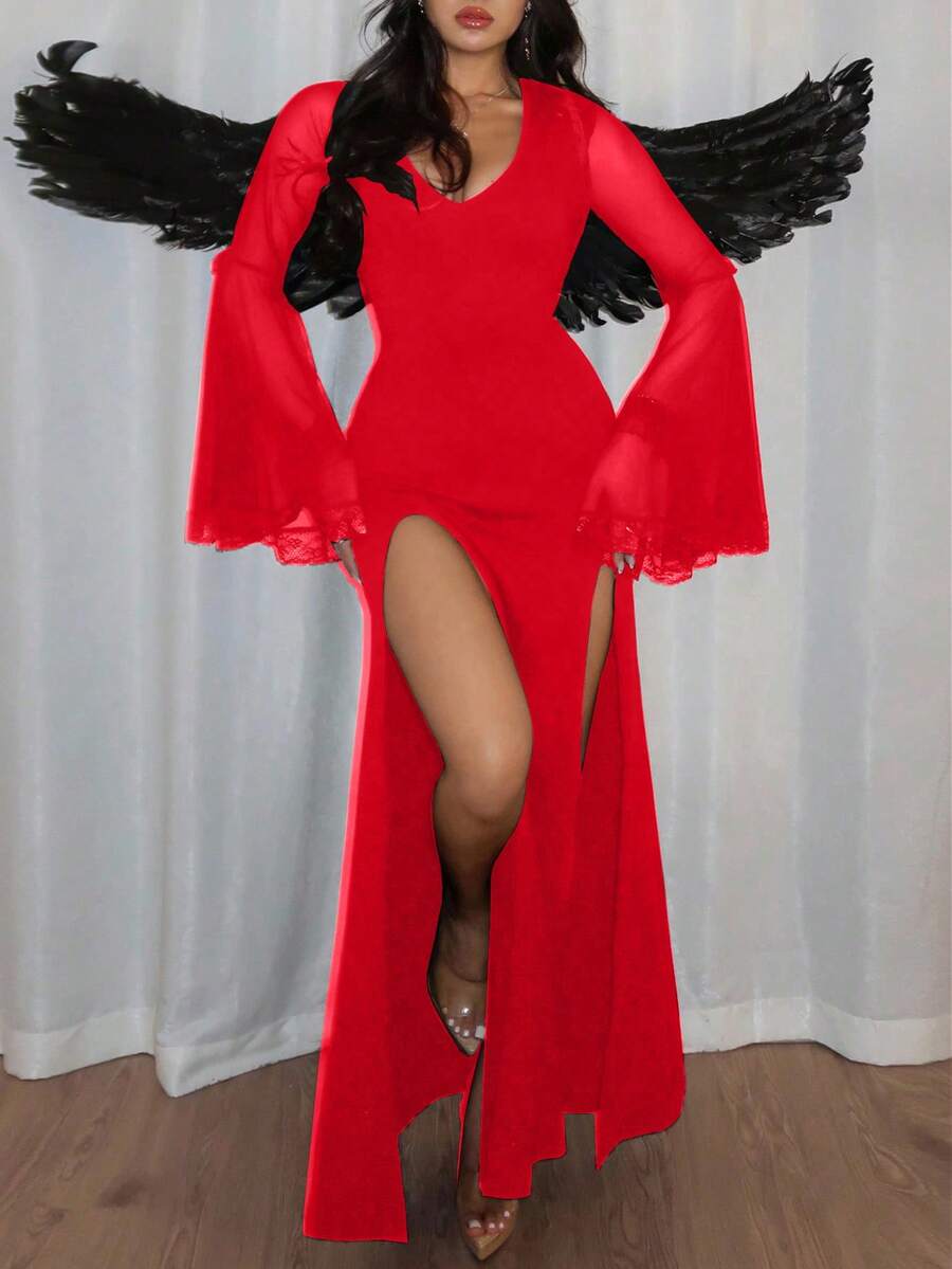 Chiquease 复古 V 领开衩性感喇叭袖网眼蕾丝拼接女式万圣节连衣裙 - 紅色 - 查看 1