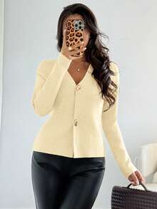 Rafferiza Women's Slim Fit Khaki Minimalist Daily Commute V-Neck Long Sleeve Asymmetrical Metal Button Cardigan - Light Yellow - View 4