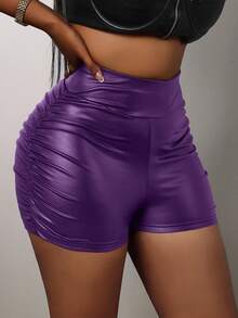 Slaydiva Quần short da giả xếp ly cạp cao thanh lịch dành cho nữ dự tiệc - Màu tím - Xem 3