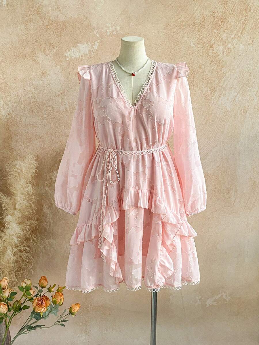 Soleia Plus Size Women Elegant Solid Color Jacquard Ruffle Hem Dress, Autumn - Pink - View 1