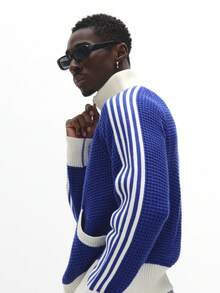 SUMWON Regular Premium Knit Cardigan Full Zip Winter Warm Raised Neck Ribbed Texture Casual Daily Wear Zip Through Sweater Fall Essential Classic Knitwear - Blue - View 4