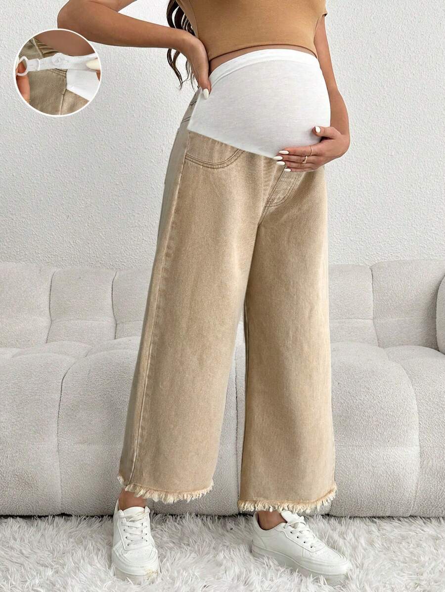 SHEIN Maternity Casual Loose Cropped Jeans With Waistband Patchwork - Apricot - View 1