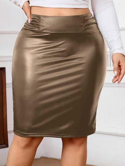 SHEIN Privé 加大码优雅知性通勤高街个性化派对网眼时尚派对学院风PU腰部褶皱设计修身及膝半身裙