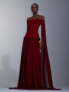Elitara Elegant, Simple, And Stylish Burgundy, This Dress Features A Stretch Knit And Flowing Chiffon Design With Pleats, Off-The-Shoulder Neckline, Flowing Sleeves, A Full A-Line Silhouette, And A Train. Suitable For Formal Occasions, Weddings, Holidays, And Evening Gowns. - Burgundy - View 7