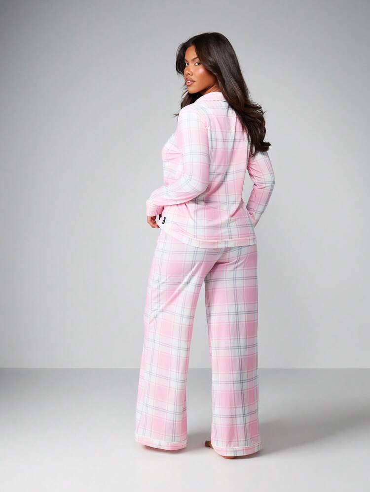 Missguided x Playboy チェック柄パジャマセット ボタン付きロングスリーブトップ 対応ワイドレッグスリーパーパンツ ルームウェア