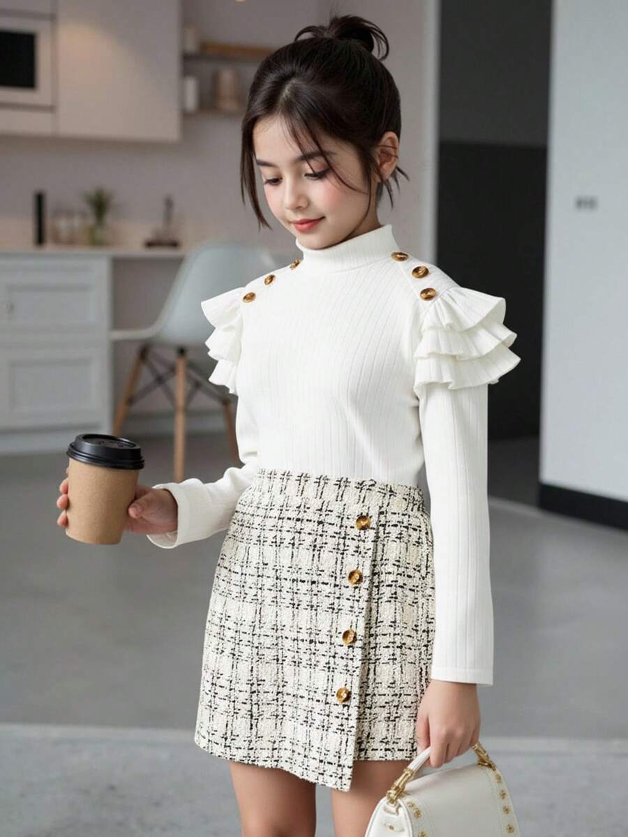 SHEIN Dwuczęściowy zestaw dla nastolatek: koszulka z falbanką i kołnierzykiem stójkowym oraz spódnica w kratę, jesień/zima