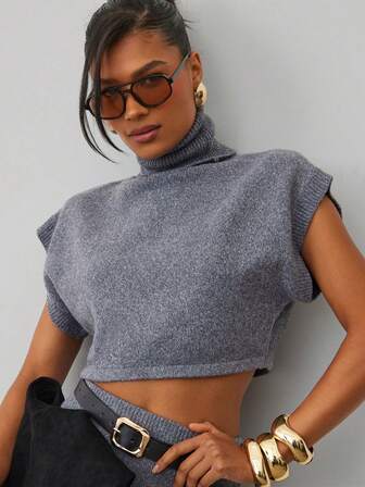 Hauture Lowkey Demure Sexy Casual Melange Two Tone Knitted Turtle Neck Sleeveless Crop Sweater Top