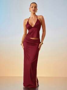 Hauture Áo ba lỗ cổ yếm tối giản màu trơn dành cho nữ, mặc hàng ngày - Màu Đỏ Sâu - Xem 4