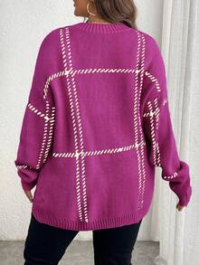 Elenzga Plus Size Casual Plaid Drop Shoulder Loose Knit Sweater, Autumn/Winter - Red Violet - View 2