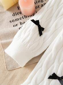 Young Girl Round Neck Raglan Sleeve Cable Bow Decor Ruffle Hem Casual Knit Sweater Dress - White - View 5