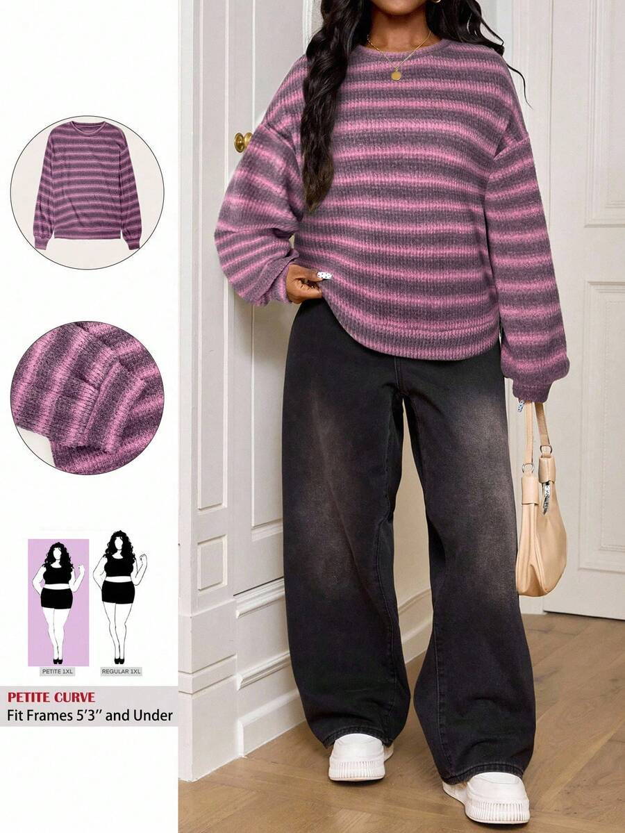 SHEIN PETITE CURVE 大码圆领条纹套头衫，休闲Y2K 90年代风格毛衣，秋冬款 - 粉色 - 查看 1