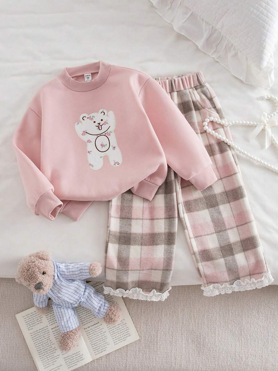 Genkimix Kids 2 件套年轻女孩可爱熊刺绣宽松落肩羊毛粉色连帽衫运动衫和粉色格子喇叭裤，秋冬 - 粉色 - 查看 1