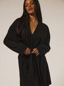 MUSERA ESSENTIALS Tie Waist Long Sleeve Mid Length Modal Robe Lounge Autumn Winter Fall Cosy Everyday Essential Spring Summer Vacation Holiday - Black - View 2