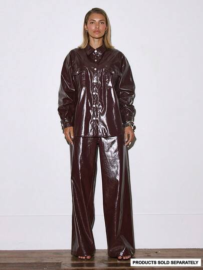 MUSERA Button Down Faux Leather Oversized Shirt Co-Ord Top Only Occasion Night Out Going Out Autumn Winter Fall Sexy Classy Cute Mirage