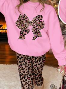 SHEIN Leap Crew 2pcs Cream Pink, Glitter Leopard Bow Graphic Tween Girls Casual Loose Thick Soft Comfortable Crew Neck Long Sleeve Sweatshirt And Leggings Set, Suitable For Autumn & Winter - Multicolor - View 3