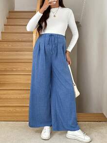 SHEIN Maternity Casual Versatile Wide-Leg Pants, Women's Wide-Leg Pants, Linen Wide-Leg Pants, Blue, Waist Tie  Women's Winter Clothes  Winter Clothing Wide Leg Pants Set Maternity 2 Piece Set Maternity Wide Leg Pants Maternity Clothes Pants Pregnancy Pants