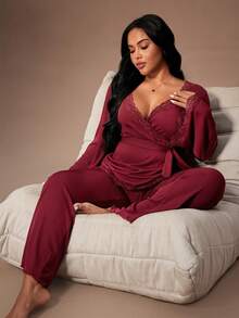 Lazeform 大码女式蕾丝拼接V领收腰喇叭长袖上衣和裤子睡衣套装，酒红色两件套家居服，女士两件套红色两件套，冬季服装 - 酒紅色 - 查看 6