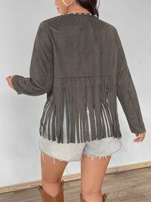 EMERY ROSE Chaqueta talla grande con cuentas de burbuja en el frente y bajo con flecos, de manga larga - Gris Oscuro - Ver 2