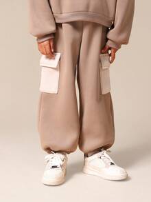 SUMWON Boys Hooded Sweatshirt Jogger Set Beige Half Zip Pullover Elastic Waist Pants Casual Coordinating Outfit - Brown - View 3