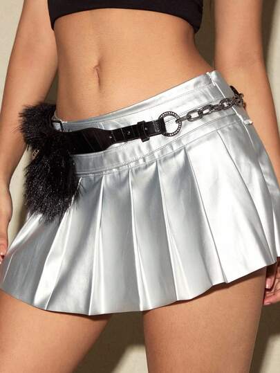 Goth Retro Punk Black Furry Beaded Chain Decor Adjustable Width Buckle Waist Belt, Y2K Fashion Versatile Accessory